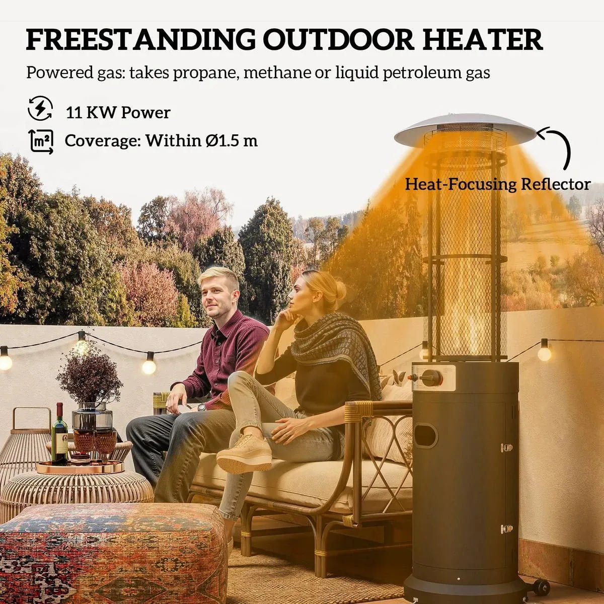 Freestanding Gas Patio Heater 11kW Adjustable Outdoor Garden Propane Heater Tip-Over Switch Wheels Pulse Ignition Black