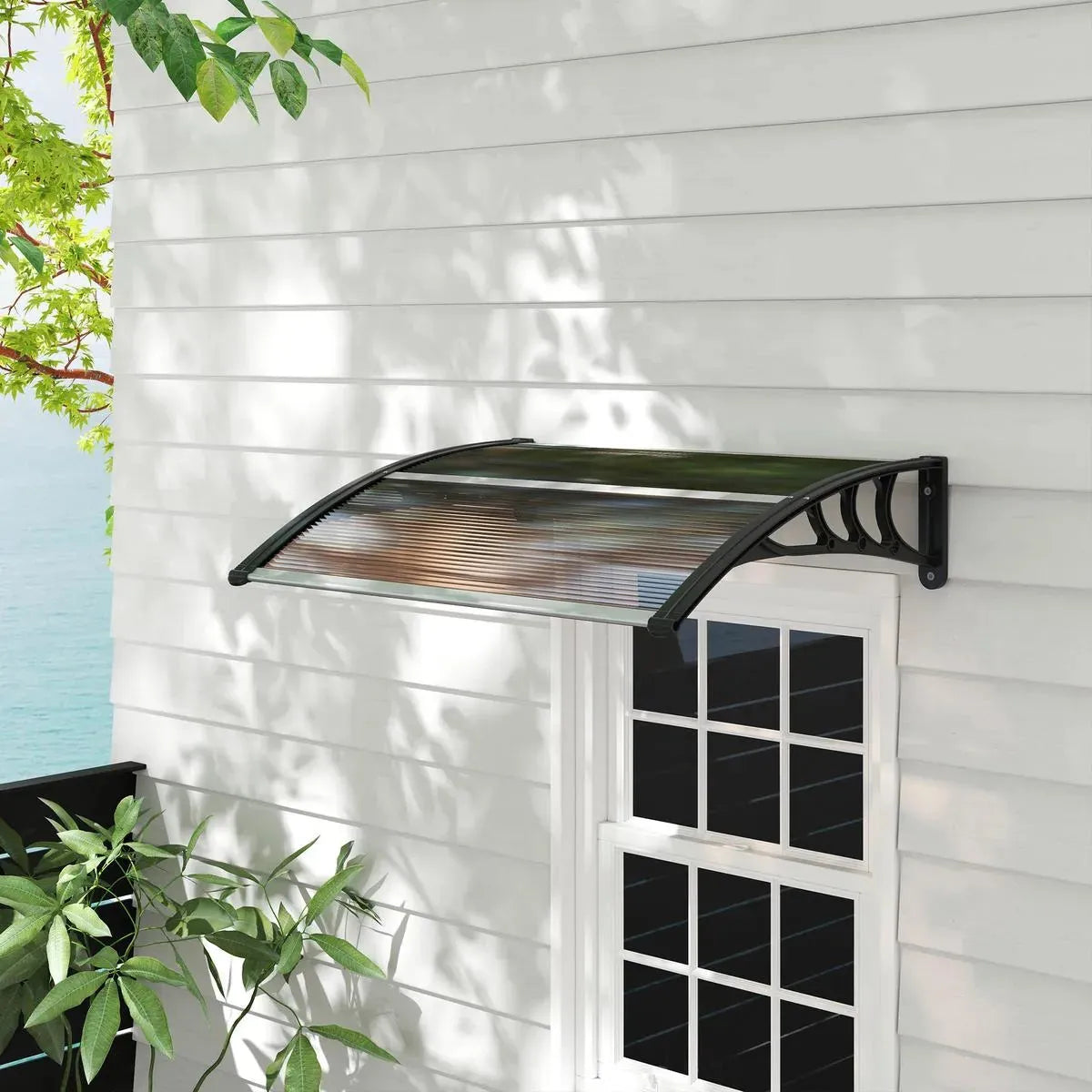 Front Door Canopy Outdoor Awning 100x75cm Brown Aluminium Rigid Plastic Polycarbonate Rain Shelter UV Water Rain Resistant