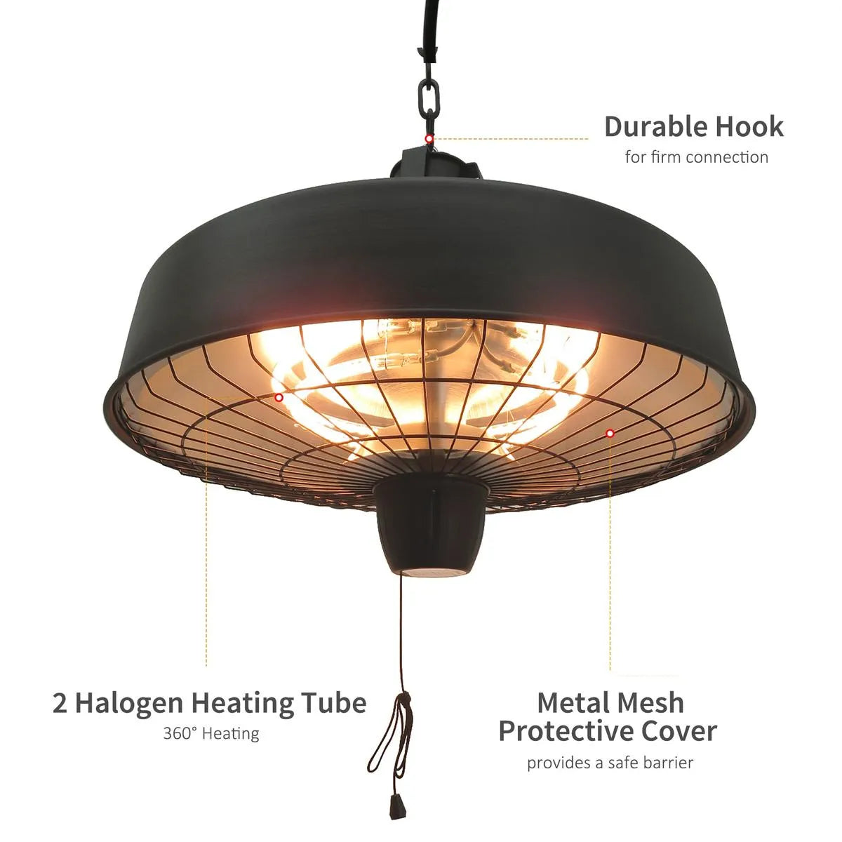 Adjustable Power Infrared Halogen Electric Patio Light Heater 1000/2500W Ceiling Hanging Mount, Black