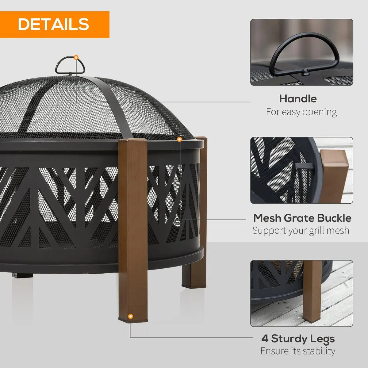 Round Fire Pit Metal Bowl 2-in-1 Brazier, 78×78×60cm, Black, Outdoor with Lid, BBQ Grill, Poker for Backyard Camping Bonfire Wood Burning Stove