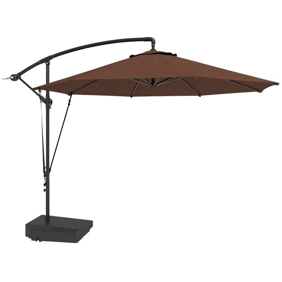Garden Cantilever Parasol 3m with Fillable Base up to 90kg Wind Strap Cover Round Banana Hanging Umbrella Crank Tilt UPF50+, Brown