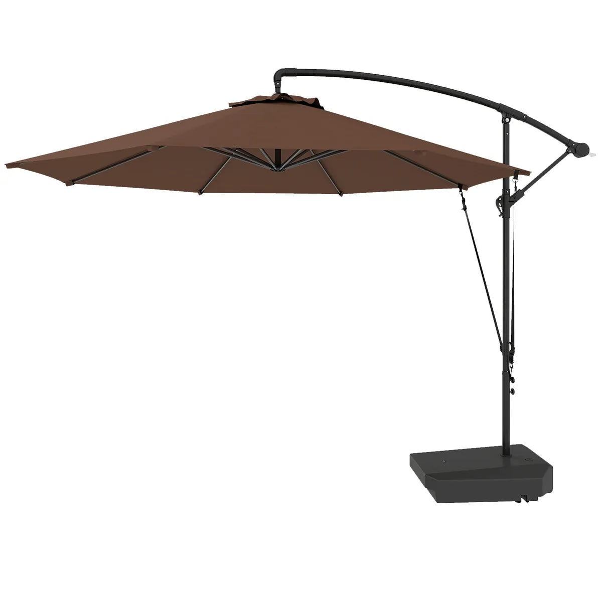 Garden Cantilever Parasol 3m with Fillable Base up to 90kg Wind Strap Cover Round Banana Hanging Umbrella Crank Tilt UPF50+, Brown