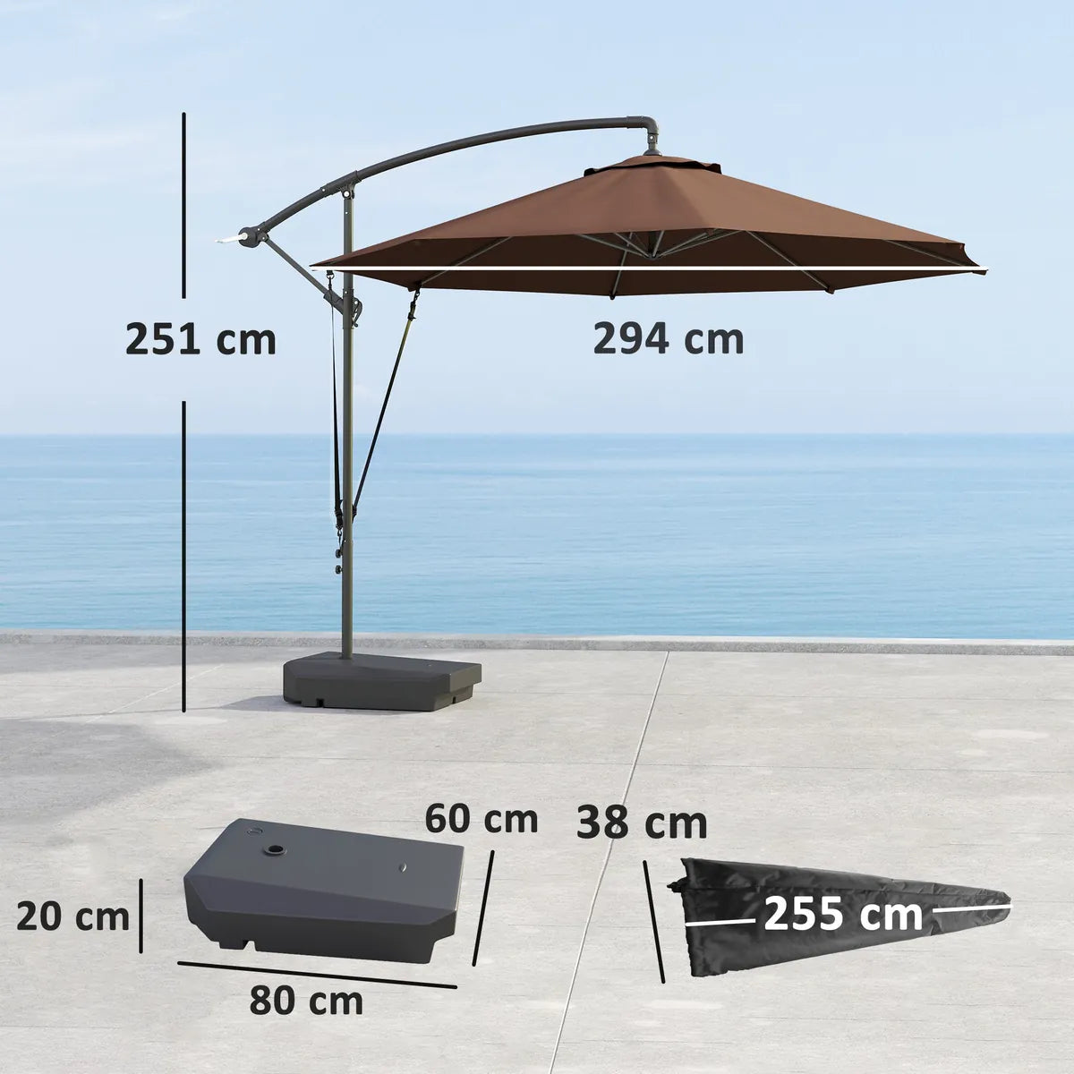 Garden Cantilever Parasol 3m with Fillable Base up to 90kg Wind Strap Cover Round Banana Hanging Umbrella Crank Tilt UPF50+, Brown