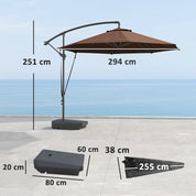Garden Cantilever Parasol 3m with Fillable Base up to 90kg Wind Strap Cover Round Banana Hanging Umbrella Crank Tilt UPF50+, Brown