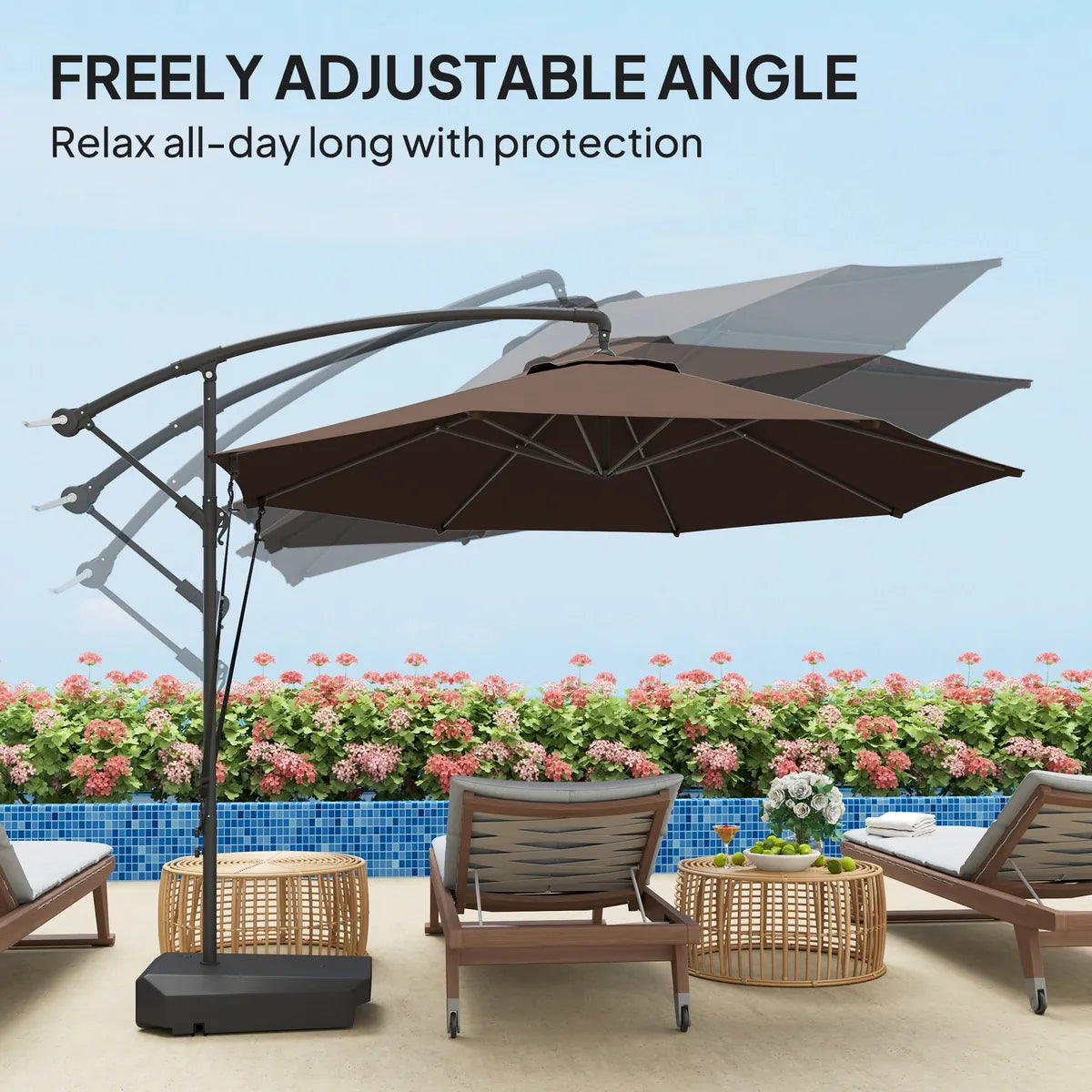 Garden Cantilever Parasol 3m with Fillable Base up to 90kg Wind Strap Cover Round Banana Hanging Umbrella Crank Tilt UPF50+, Brown
