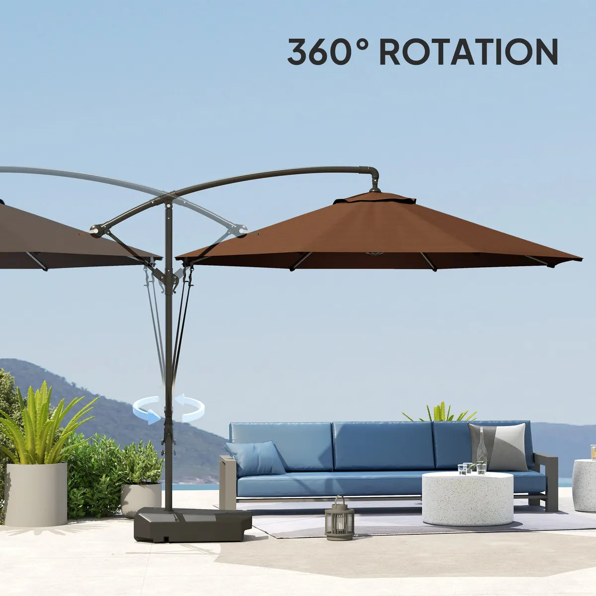 Garden Cantilever Parasol 3m with Fillable Base up to 90kg Wind Strap Cover Round Banana Hanging Umbrella Crank Tilt UPF50+, Brown