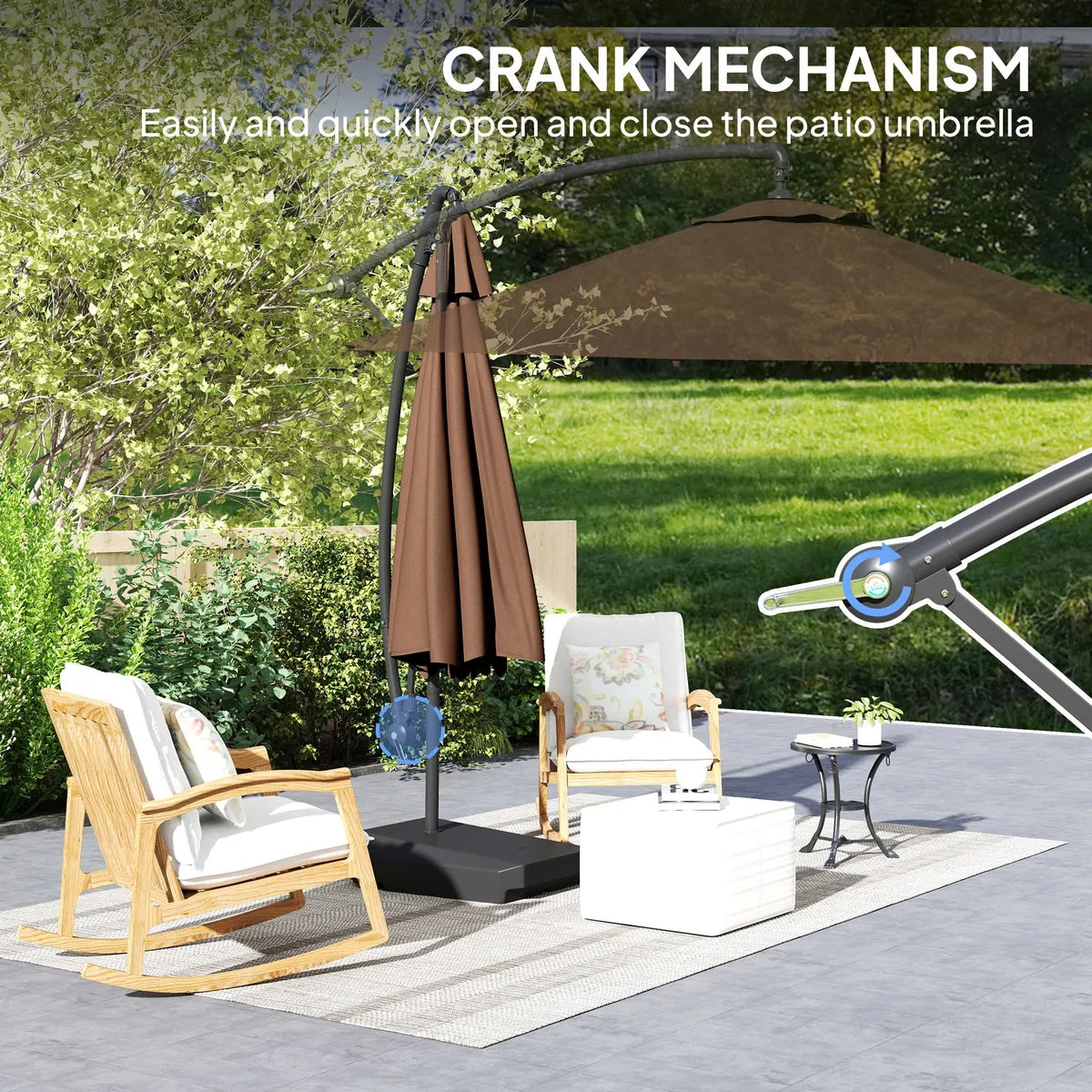 Garden Cantilever Parasol 3m with Fillable Base up to 90kg Wind Strap Cover Round Banana Hanging Umbrella Crank Tilt UPF50+, Brown