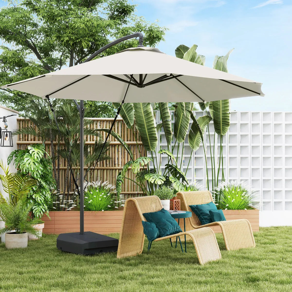 Garden Cantilever Parasol 3m with Fillable Base up to 90kg Wind Strap Cover Round Banana Hanging Umbrella Crank Tilt UPF50+, Cream