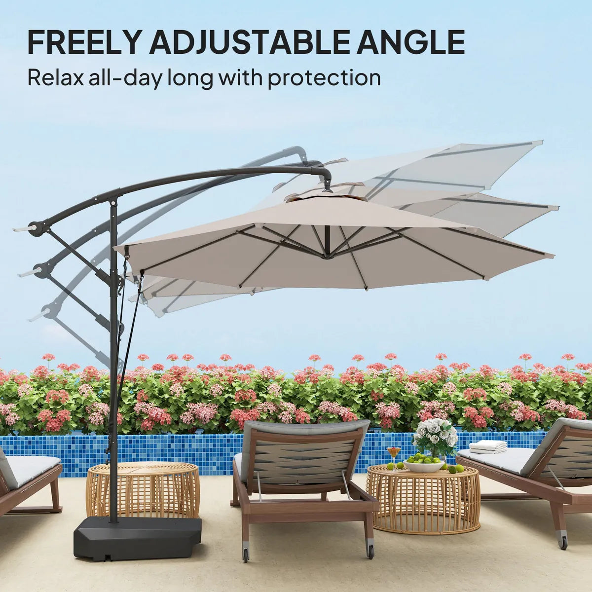 Garden Cantilever Parasol 3m with Fillable Base up to 90kg Wind Strap Cover Round Banana Hanging Umbrella Crank Tilt UPF50+, Cream