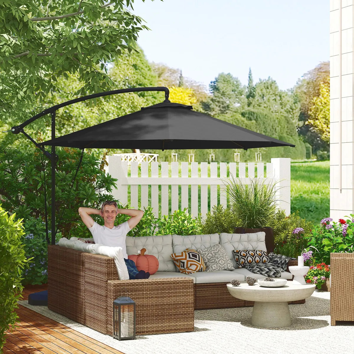 Garden Cantilever Parasol 3m with Fillable Base up to 90kg Wind Strap Cover Round Banana Hanging Umbrella Crank Tilt UPF50+, Grey