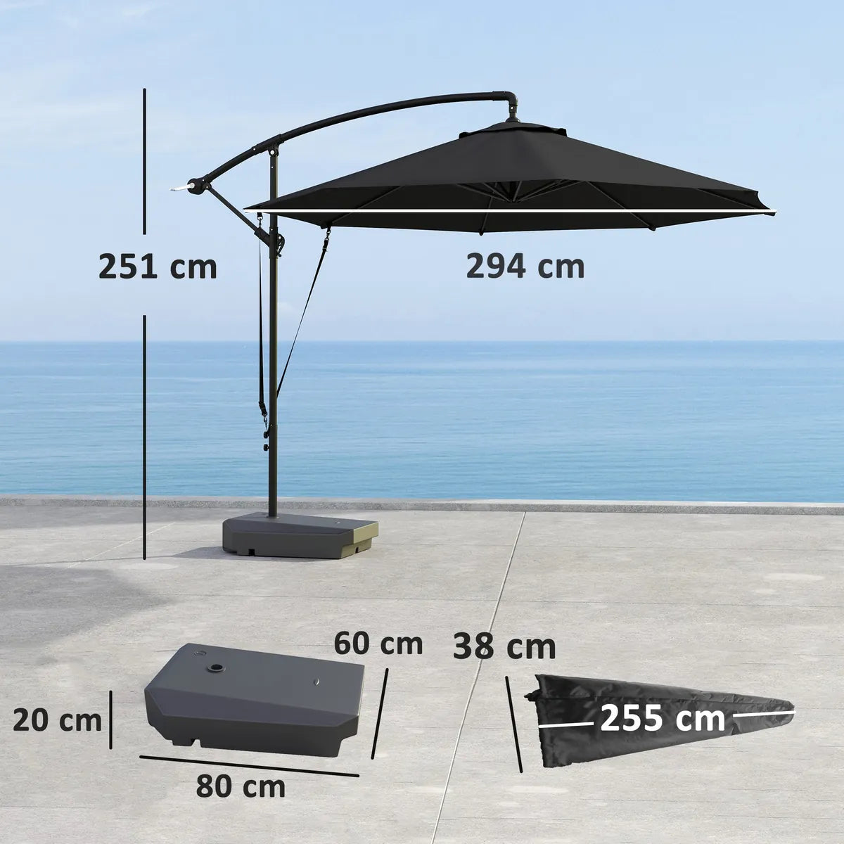 Garden Cantilever Parasol 3m with Fillable Base up to 90kg Wind Strap Cover Round Banana Hanging Umbrella Crank Tilt UPF50+, Grey