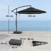 Garden Cantilever Parasol 3m with Fillable Base up to 90kg Wind Strap Cover Round Banana Hanging Umbrella Crank Tilt UPF50+, Grey