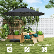 Garden Cantilever Parasol 3m with Fillable Base up to 90kg Wind Strap Cover Round Banana Hanging Umbrella Crank Tilt UPF50+, Grey
