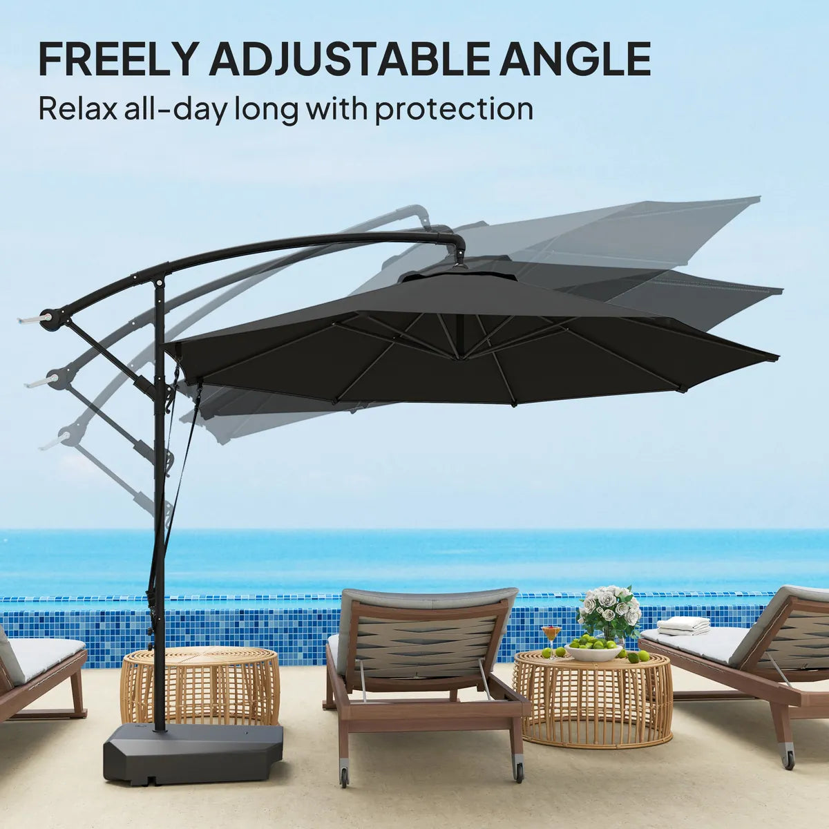 Garden Cantilever Parasol 3m with Fillable Base up to 90kg Wind Strap Cover Round Banana Hanging Umbrella Crank Tilt UPF50+, Grey