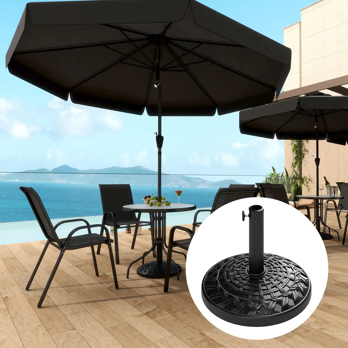 Garden Parasol Base 12kg Round Resin Heavy Duty Outdoor Umbrella Stand for 38mm or 48mm Poles, Black