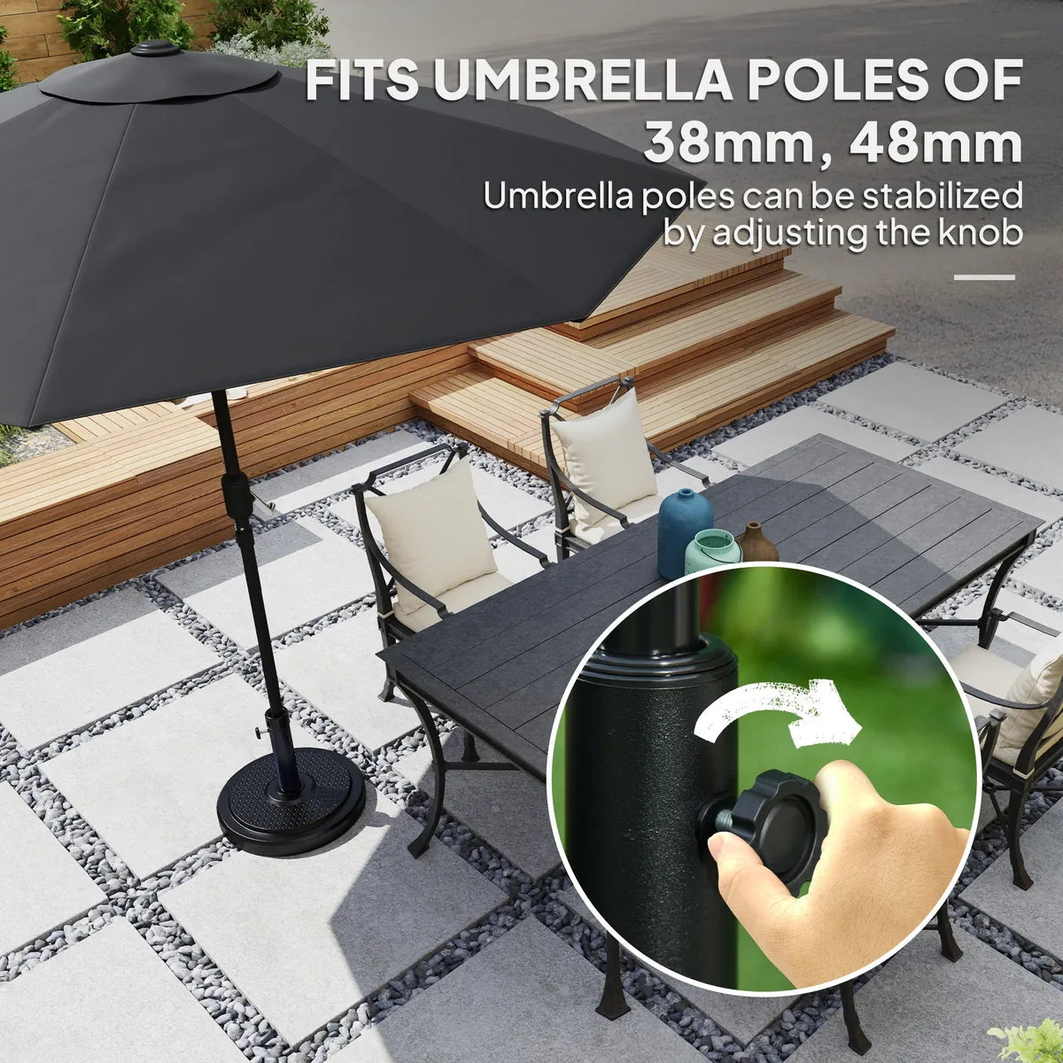 Garden Parasol Base 22kg Round HDPE Sun Umbrella Stand Heavy Duty for 38mm or 48mm Outdoor Poles, Black