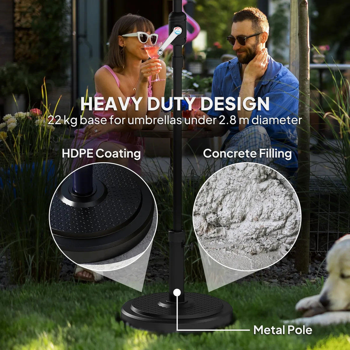 Garden Parasol Base 22kg Round HDPE Sun Umbrella Stand Heavy Duty for 38mm or 48mm Outdoor Poles, Black