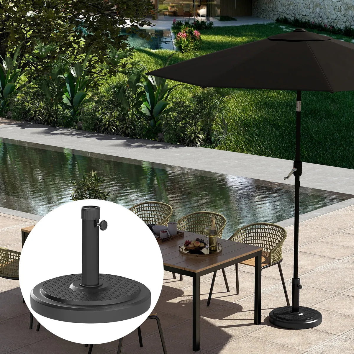 Garden Parasol Base 22kg Round HDPE Sun Umbrella Stand Heavy Duty for 38mm or 48mm Outdoor Poles, Black