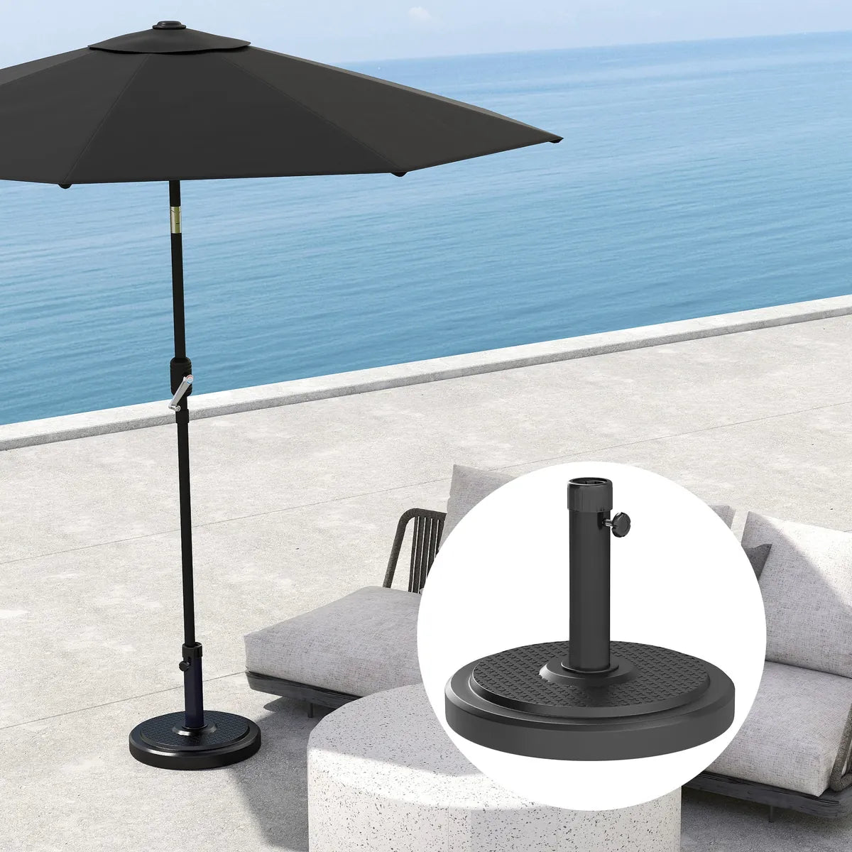 Garden Parasol Base 22kg Round HDPE Sun Umbrella Stand Heavy Duty for 38mm or 48mm Outdoor Poles, Black