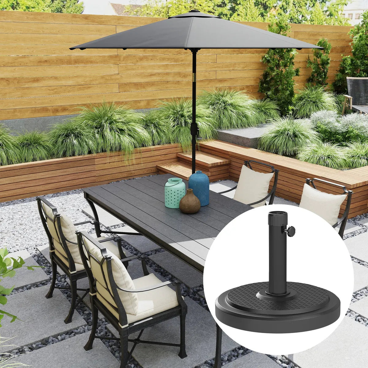 Garden Parasol Base 22kg Round HDPE Sun Umbrella Stand Heavy Duty for 38mm or 48mm Outdoor Poles, Black