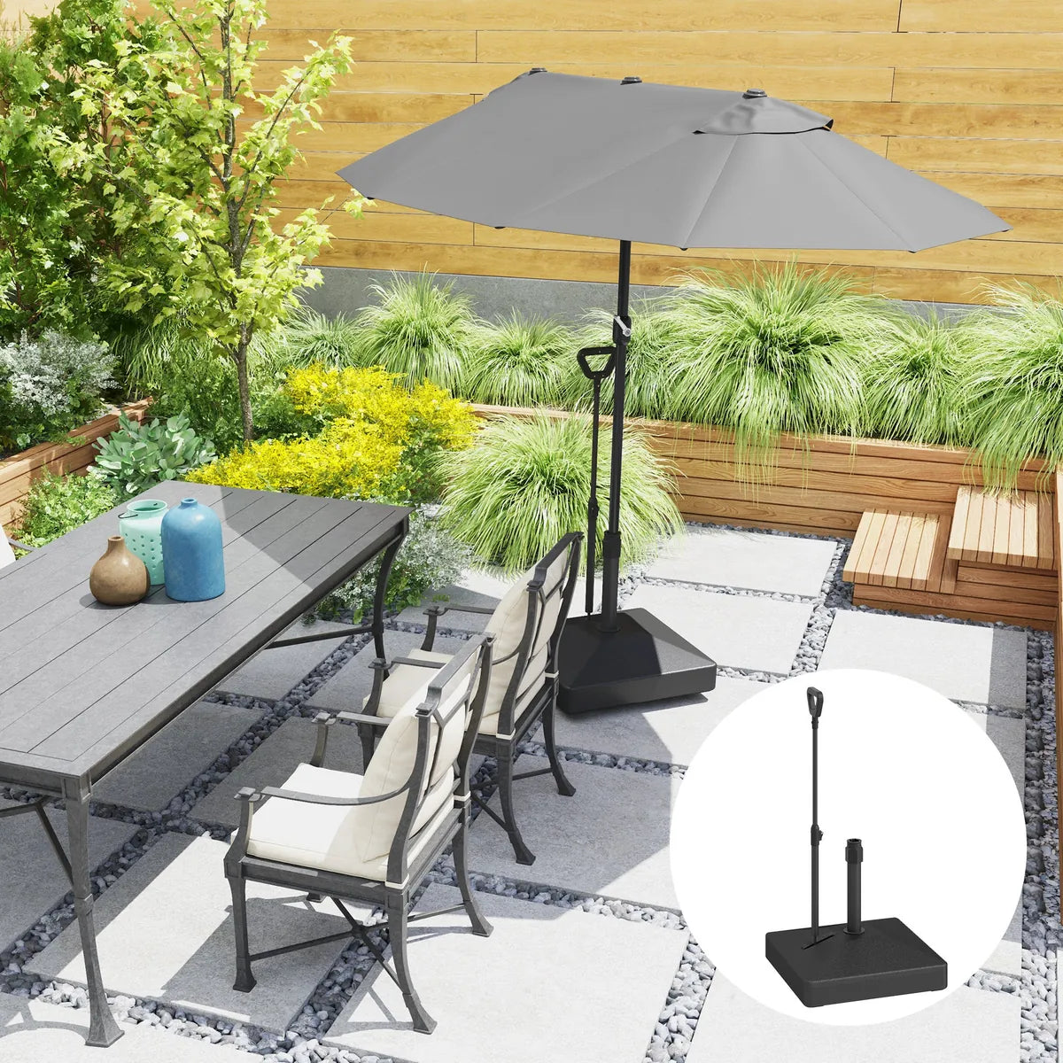 Garden Parasol Base with Adjustable Wheels Handle Filled Up to 55kg with Stand or 45kg with Water for 35mm 38mm 48mm Poles, Black