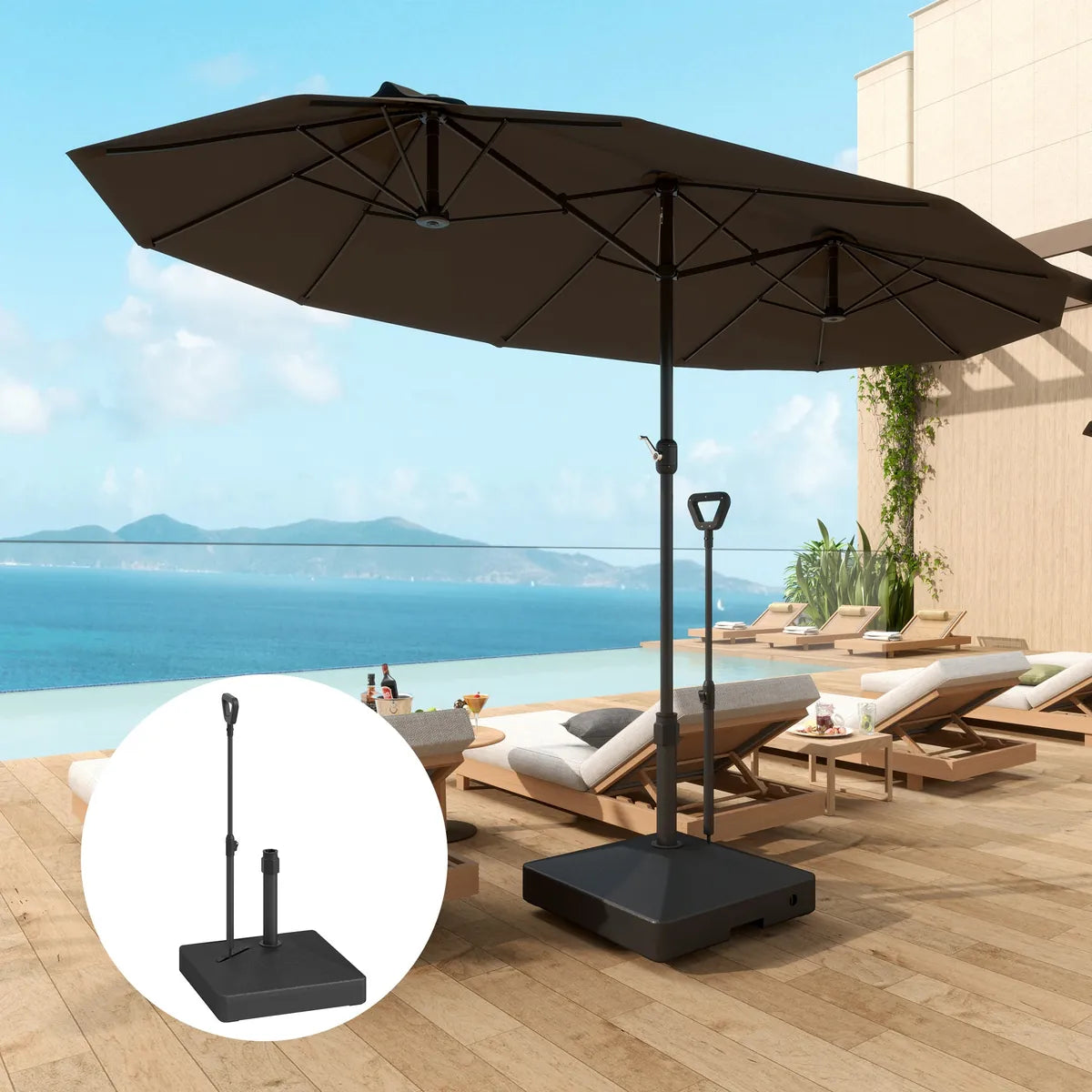 Garden Parasol Base with Adjustable Wheels Handle Filled Up to 55kg with Stand or 45kg with Water for 35mm 38mm 48mm Poles, Black