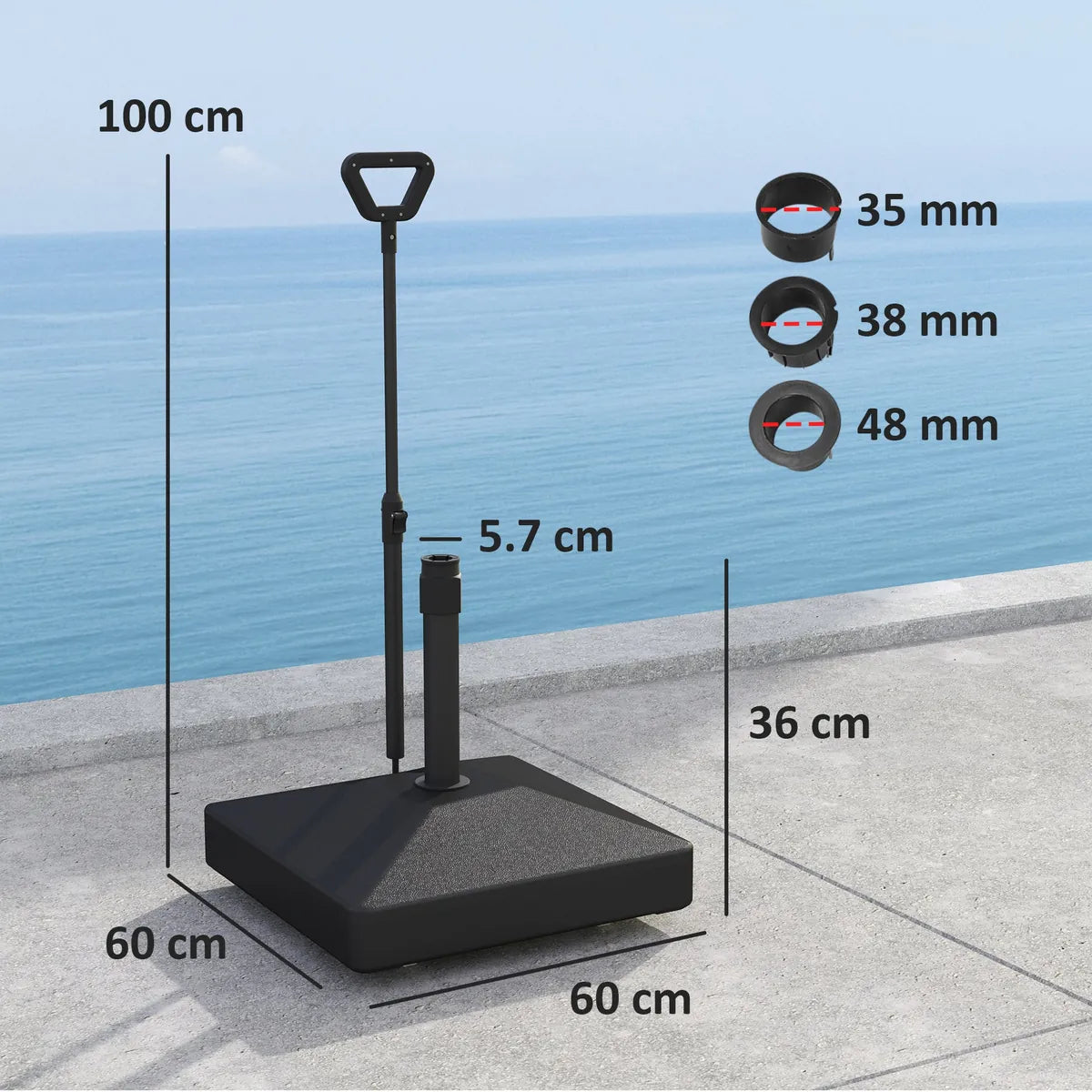 Garden Parasol Base with Adjustable Wheels Handle Filled Up to 55kg with Stand or 45kg with Water for 35mm 38mm 48mm Poles, Black