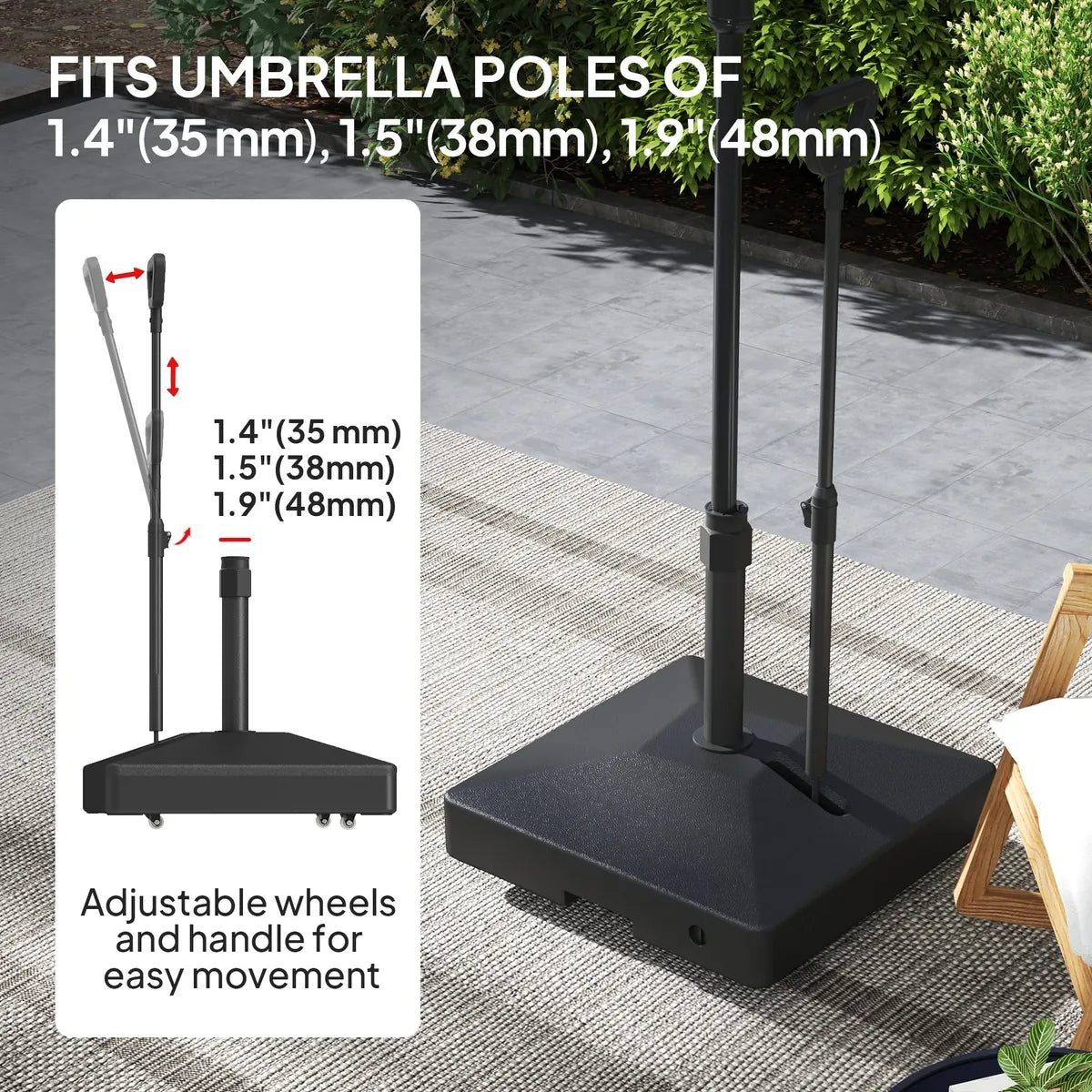 Garden Parasol Base with Adjustable Wheels Handle Filled Up to 55kg with Stand or 45kg with Water for 35mm 38mm 48mm Poles, Black