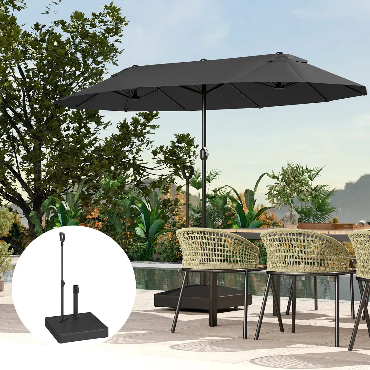 Garden Parasol Base with Adjustable Wheels Handle Filled Up to 55kg with Stand or 45kg with Water for 35mm 38mm 48mm Poles, Black