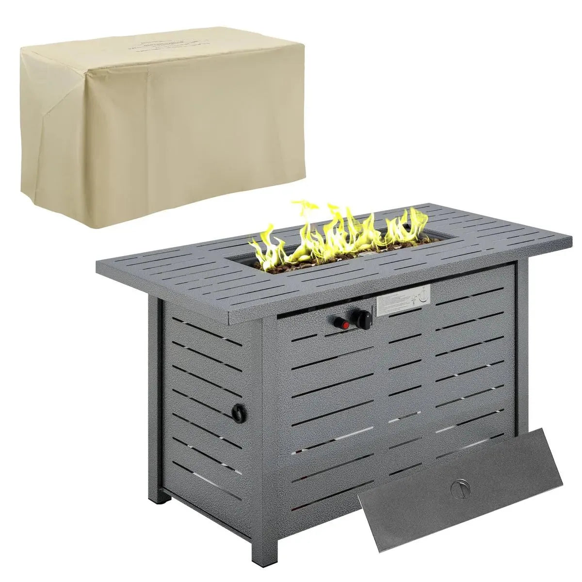 Gas Fire Pit Table, 50,000 BTU, 107×51×63cm, Silver Grey, Smokeless with Protective Cover, Lava Rocks and Lid for Outdoor Patio