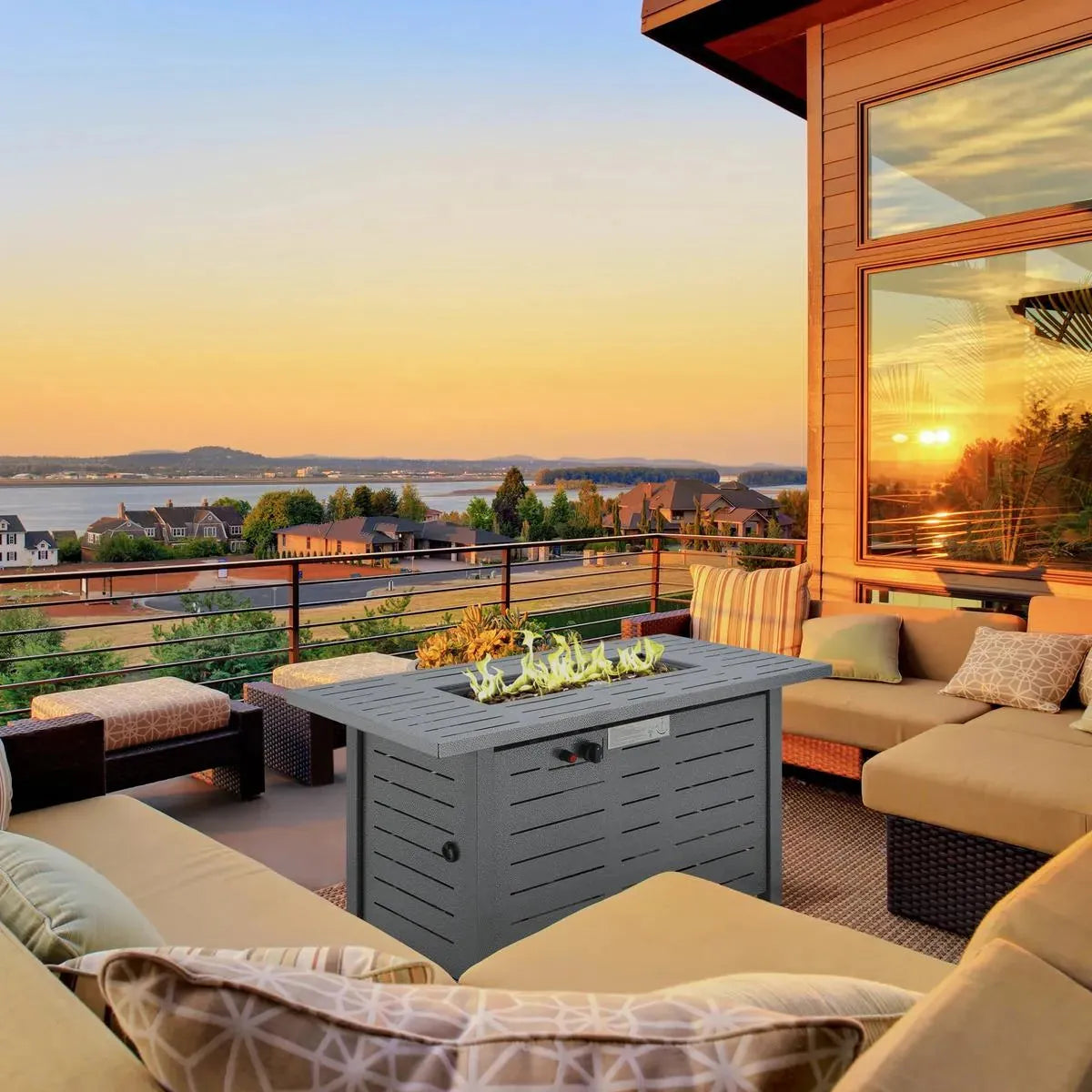 Gas Fire Pit Table, 50,000 BTU, 107×51×63cm, Silver Grey, Smokeless with Protective Cover, Lava Rocks and Lid for Outdoor Patio