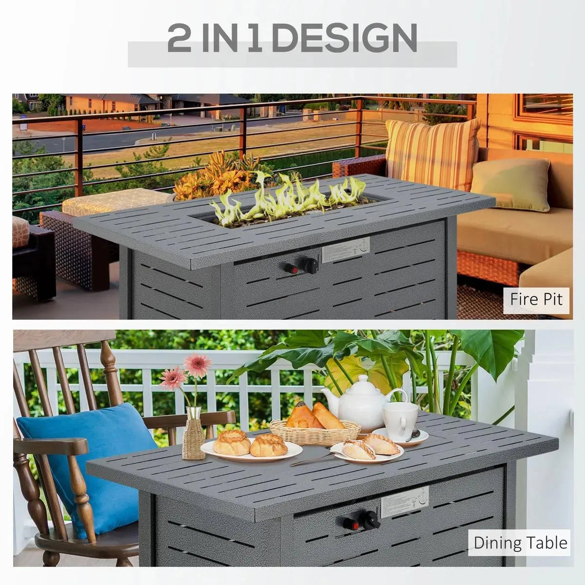 Gas Fire Pit Table, 50,000 BTU, 107×51×63cm, Silver Grey, Smokeless with Protective Cover, Lava Rocks and Lid for Outdoor Patio