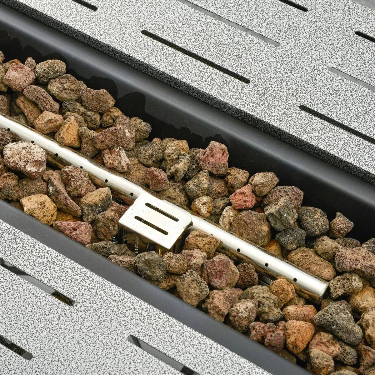Gas Fire Pit Table, 50,000 BTU, 107×51×63cm, Silver Grey, Smokeless with Protective Cover, Lava Rocks and Lid for Outdoor Patio