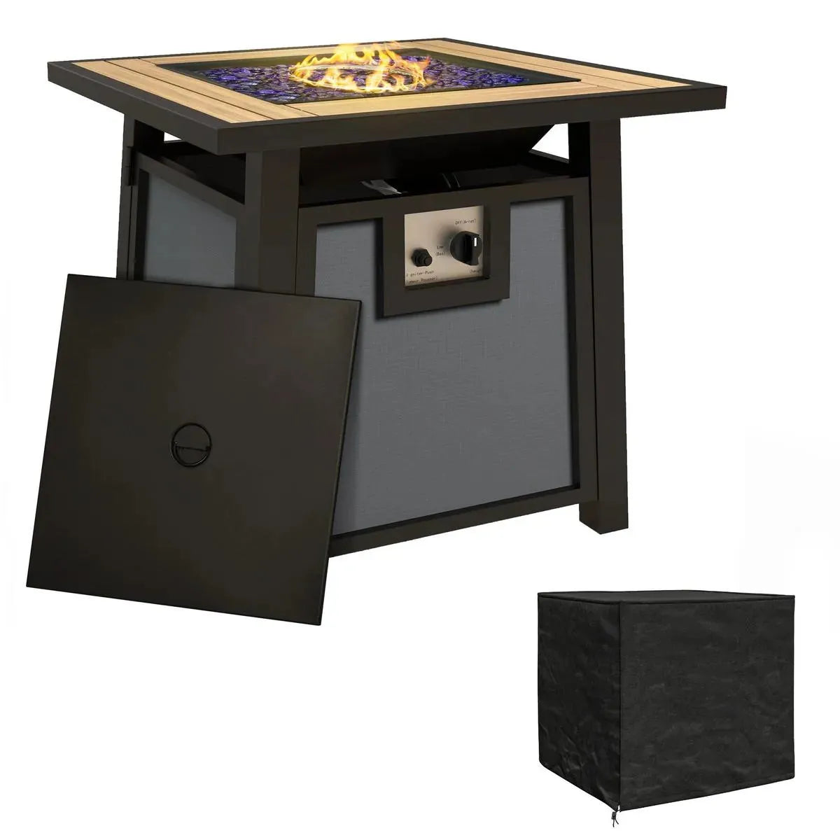 Gas Fire Pit Table, 50,000 BTU, 71×71cm, Grey with Cover