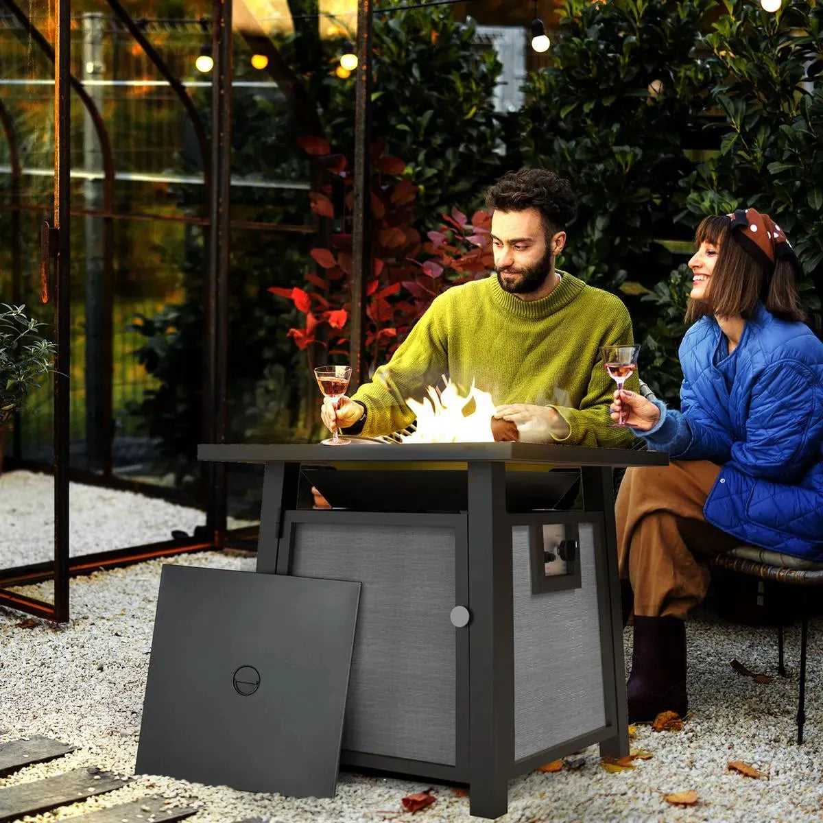 Gas Fire Pit Table, 50,000 BTU, 71×71cm, Grey with Cover