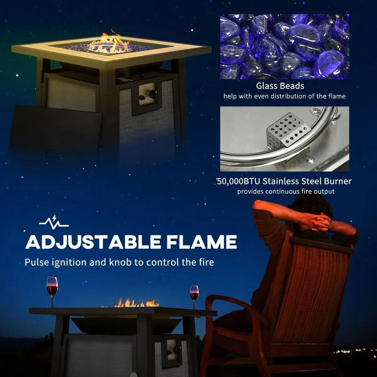 Gas Fire Pit Table, 50,000 BTU, 71×71cm, Grey with Cover