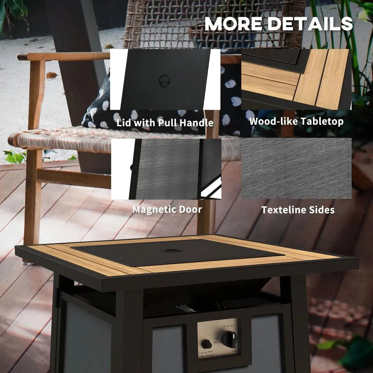 Gas Fire Pit Table, 50,000 BTU, 71×71cm, Grey with Cover