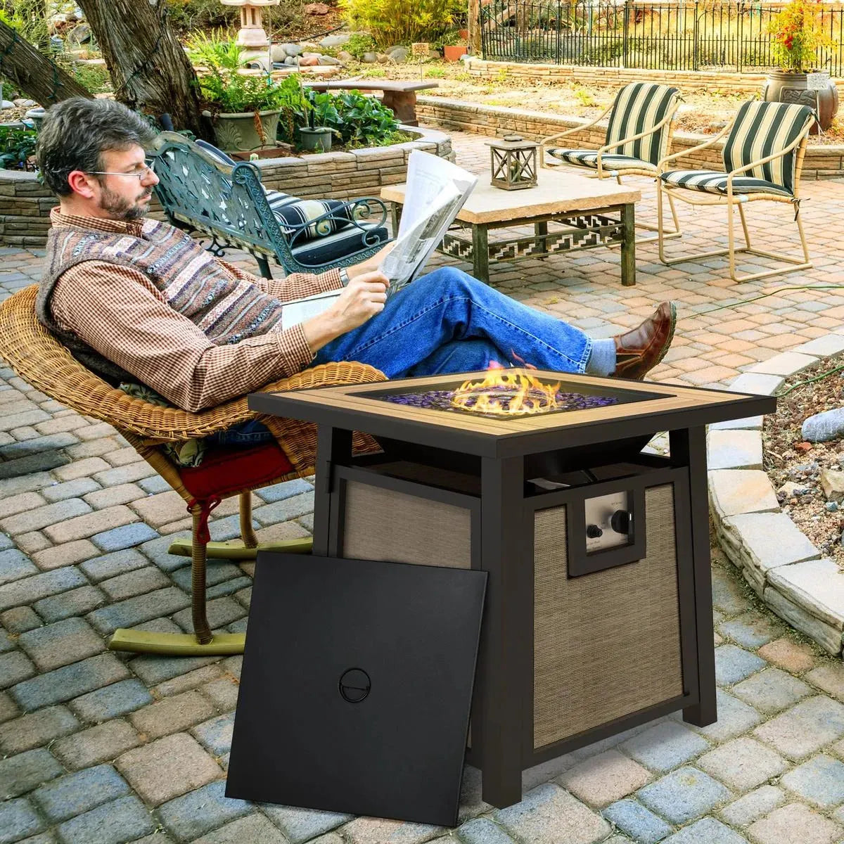 Gas Fire Pit Table, 50,000 BTU, Brown with Cover and Glass Beads