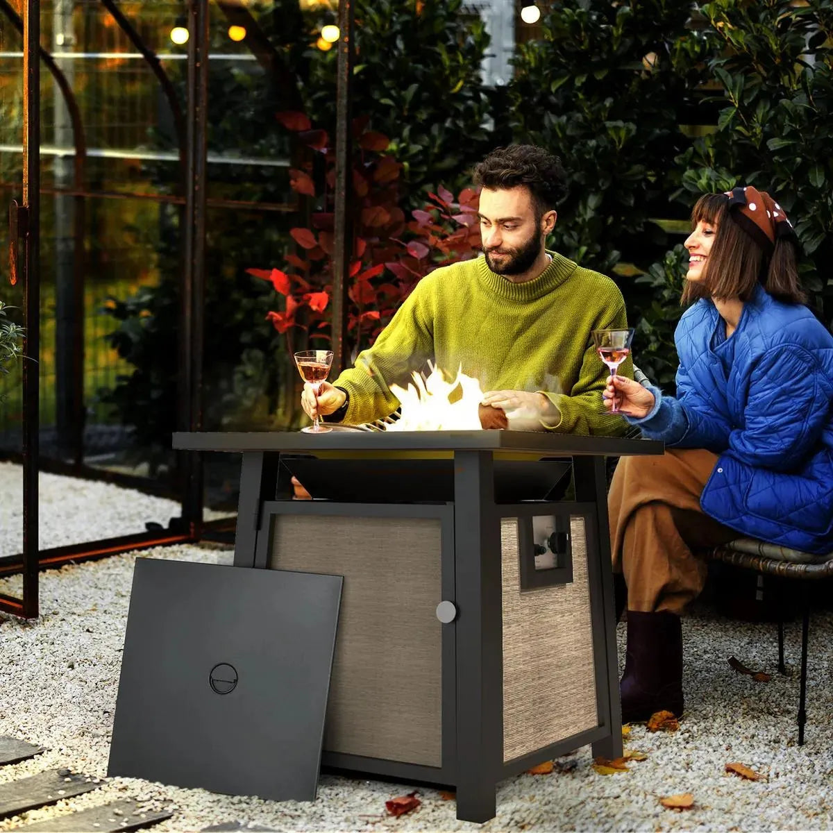 Gas Fire Pit Table, 50,000 BTU, Brown with Cover and Glass Beads
