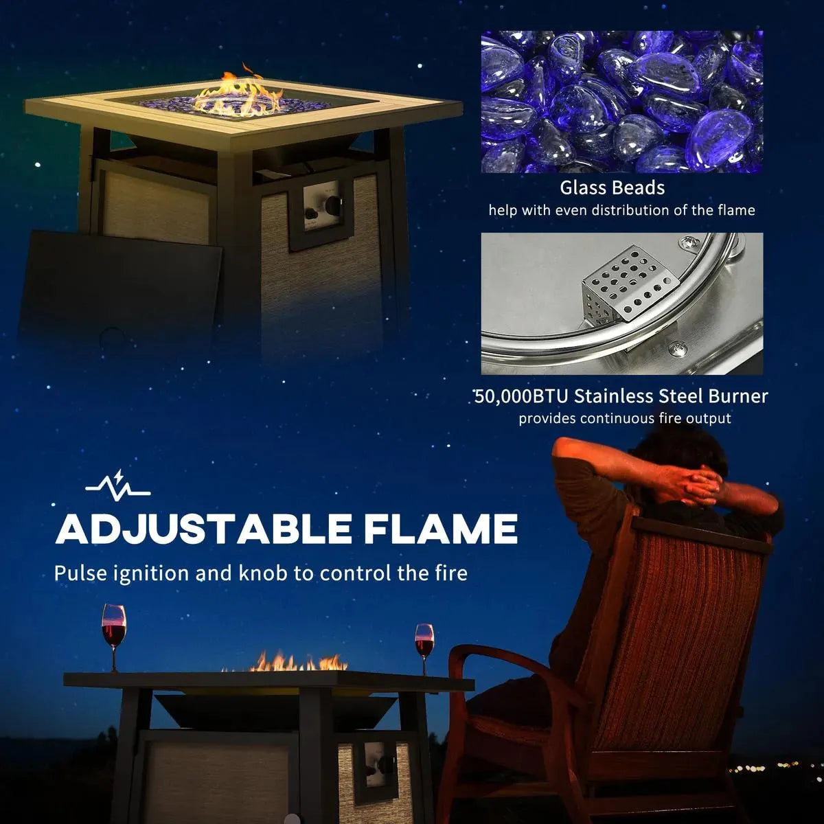 Gas Fire Pit Table, 50,000 BTU, Brown with Cover and Glass Beads