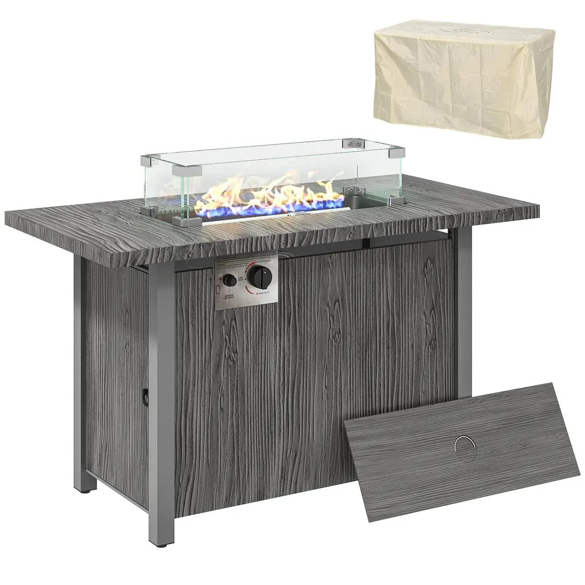 Gas Fire Pit Table, 50,000 BTU, Dark Grey with Cover and Glass Screen