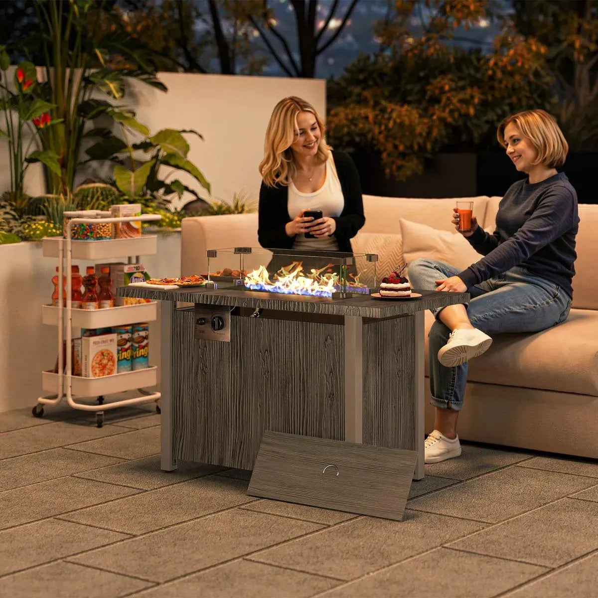 Gas Fire Pit Table, 50,000 BTU, Dark Grey with Cover and Glass Screen