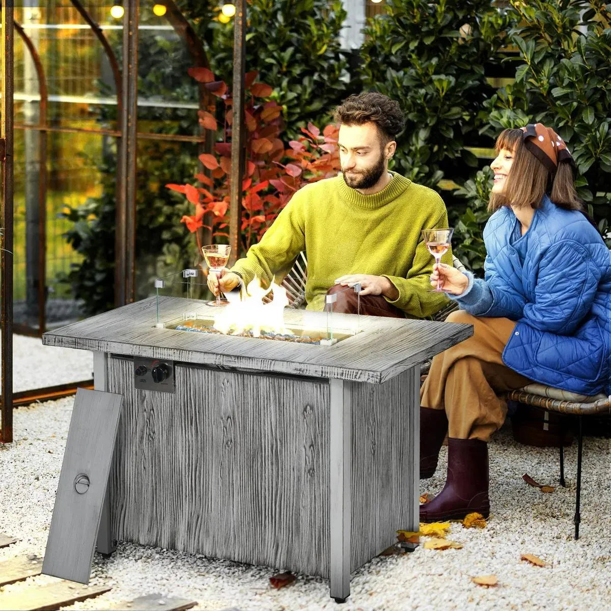 Gas Fire Pit Table, 50,000 BTU, Grey with Cover and Glass Screen