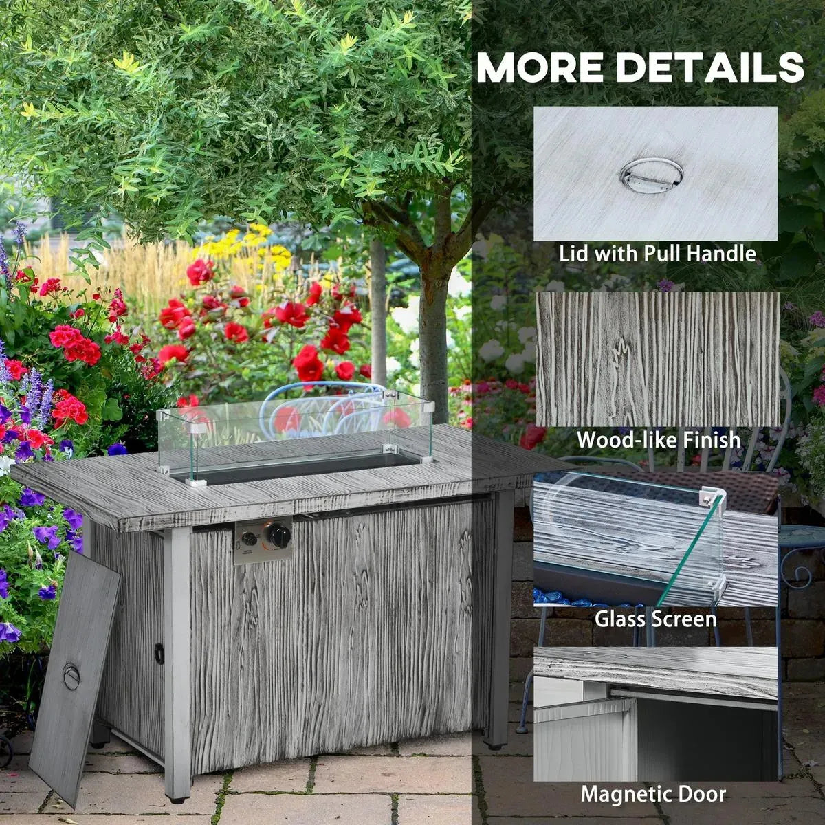Gas Fire Pit Table, 50,000 BTU, Grey with Cover and Glass Screen