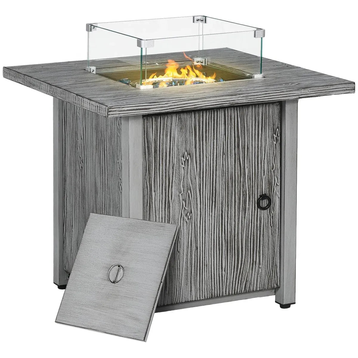 Gas Fire Pit Table, 50,000 TB, 71cm, Grey with Cover and Glass Screen