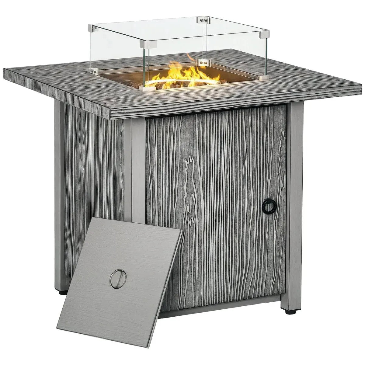 Gas Fire Pit Table, 50,000 TB, 71cm, Grey with Cover and Glass Screen