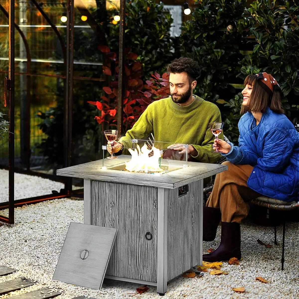 Gas Fire Pit Table, 50,000 TB, 71cm, Grey with Cover and Glass Screen