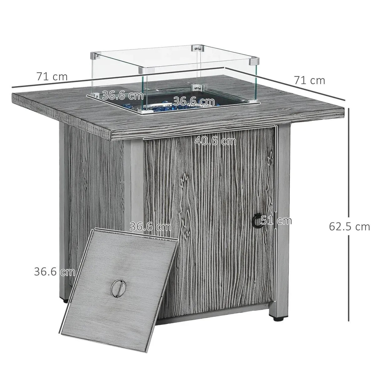 Gas Fire Pit Table, 50,000 TB, 71cm, Grey with Cover and Glass Screen