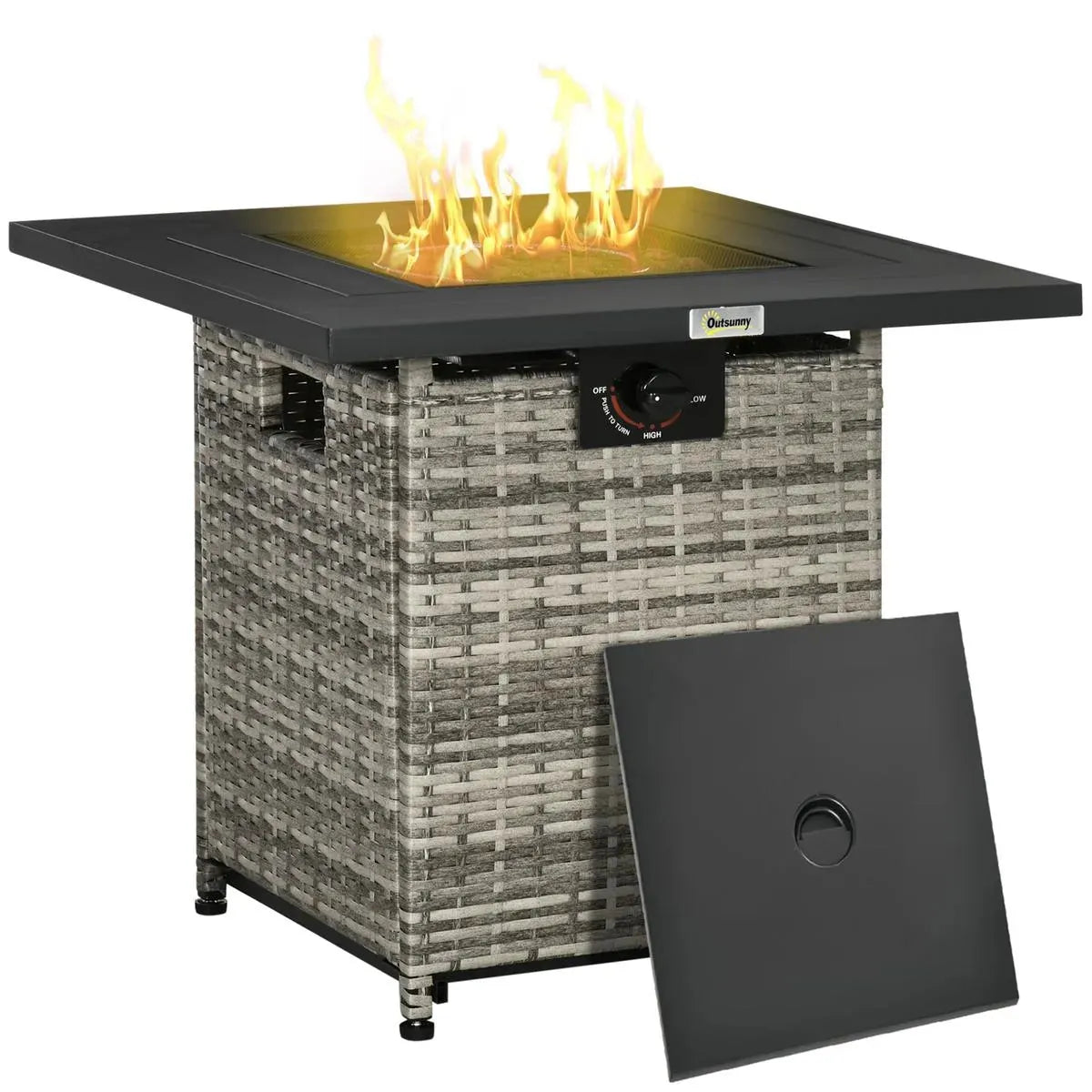 Gas Fire Pit Table Patio Square PE Rattan, 40,000 BTU, Mixed Grey with Rain Cover, Mesh Lid and Lava Stone