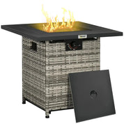 Gas Fire Pit Table Patio Square PE Rattan, 40,000 BTU, Mixed Grey with Rain Cover, Mesh Lid and Lava Stone